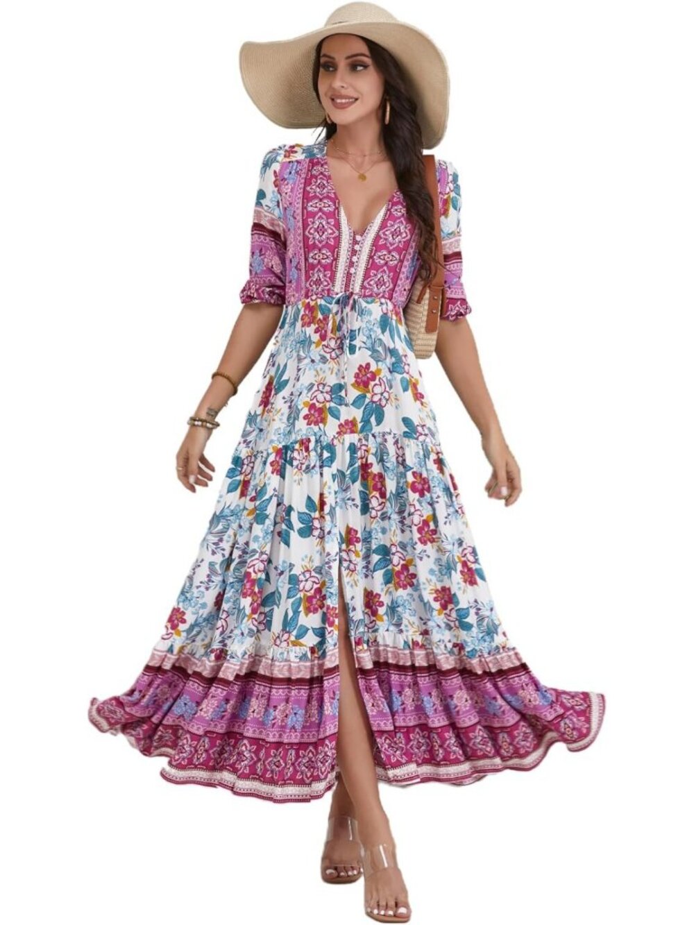 Boho Floral Print Maxi Dress for Women | V-Neck Short Sleeve Sundress